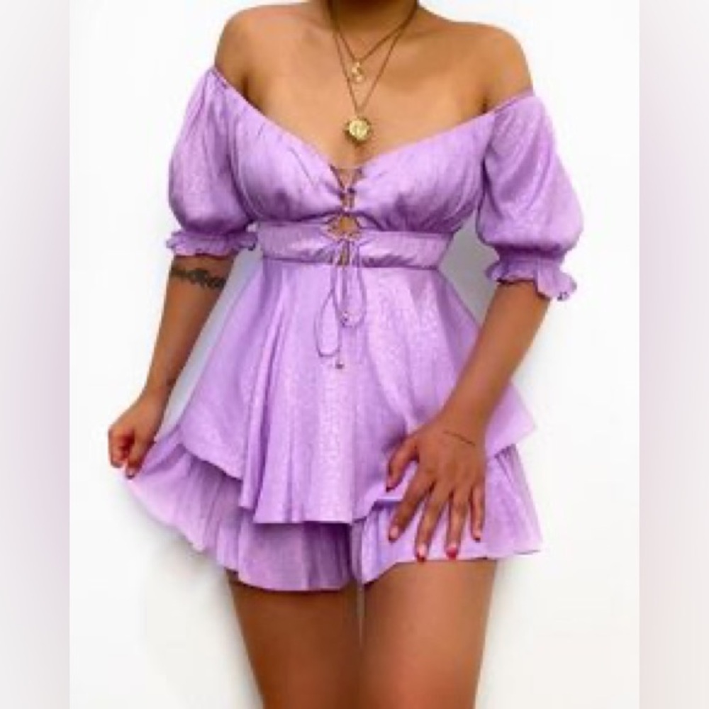 Tea n Cup Lavender Off-Shoulder Mini Romper Dress Size L